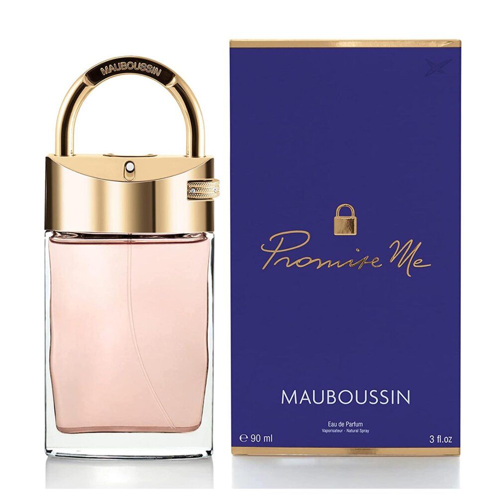 Flacone e confezione. Flacone con chiusura dorata. Scritta: Promise Me, Mauboussin. Confezione blu.