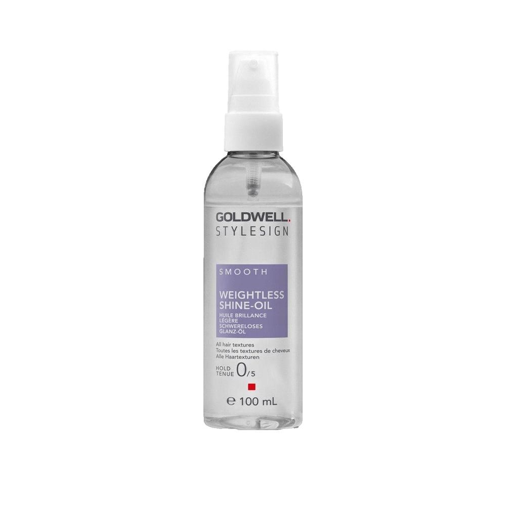 Goldwell StyleSign Smooth Weightless Shine-Öl. Flacone trasparente con erogatore spray. Etichetta viola.