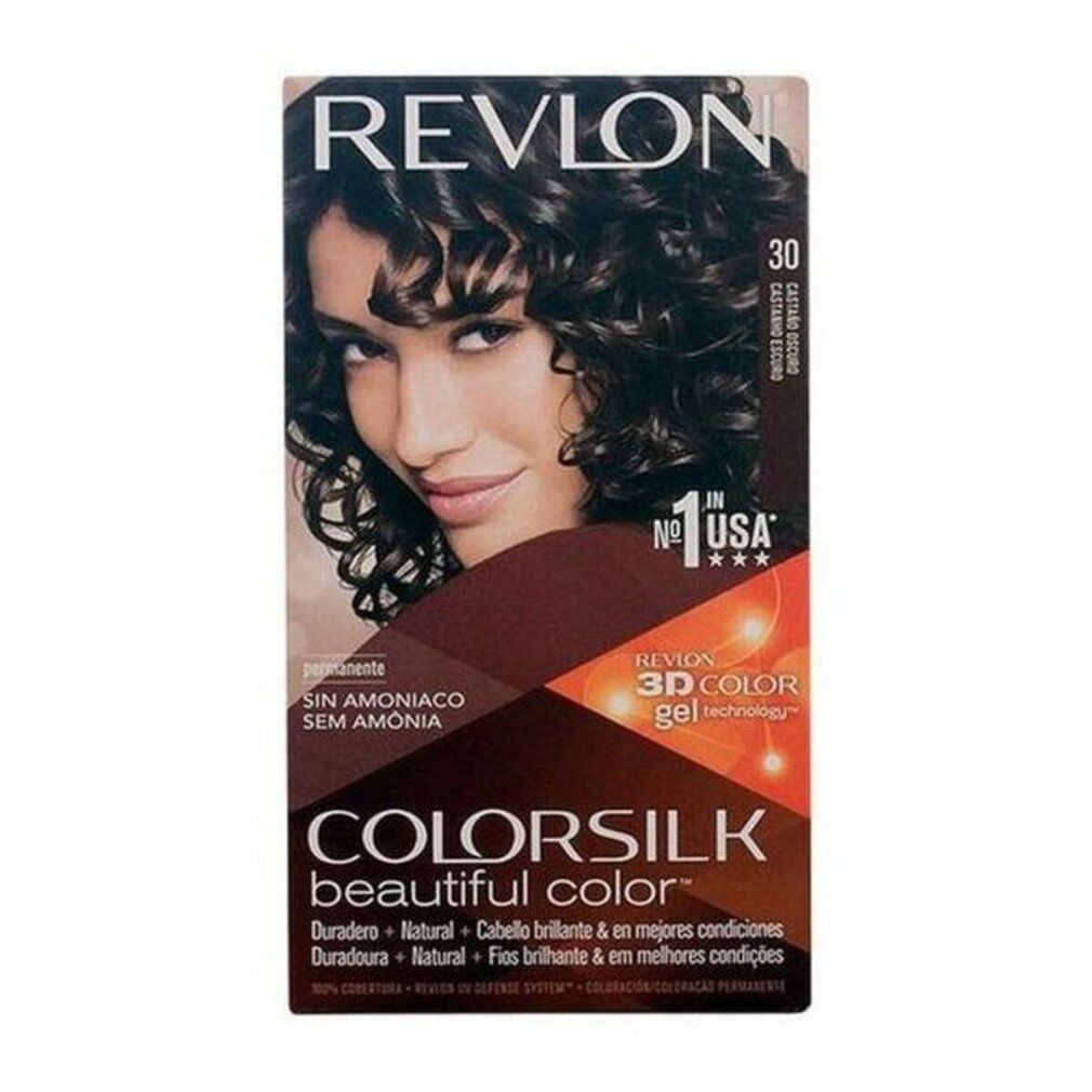 Scatola tinta capelli Revlon Colorsilk. Castano scuro. Senza ammoniaca. Tecnologia 3D Color Gel. Scritto: Beautiful Color. N°1 USA.