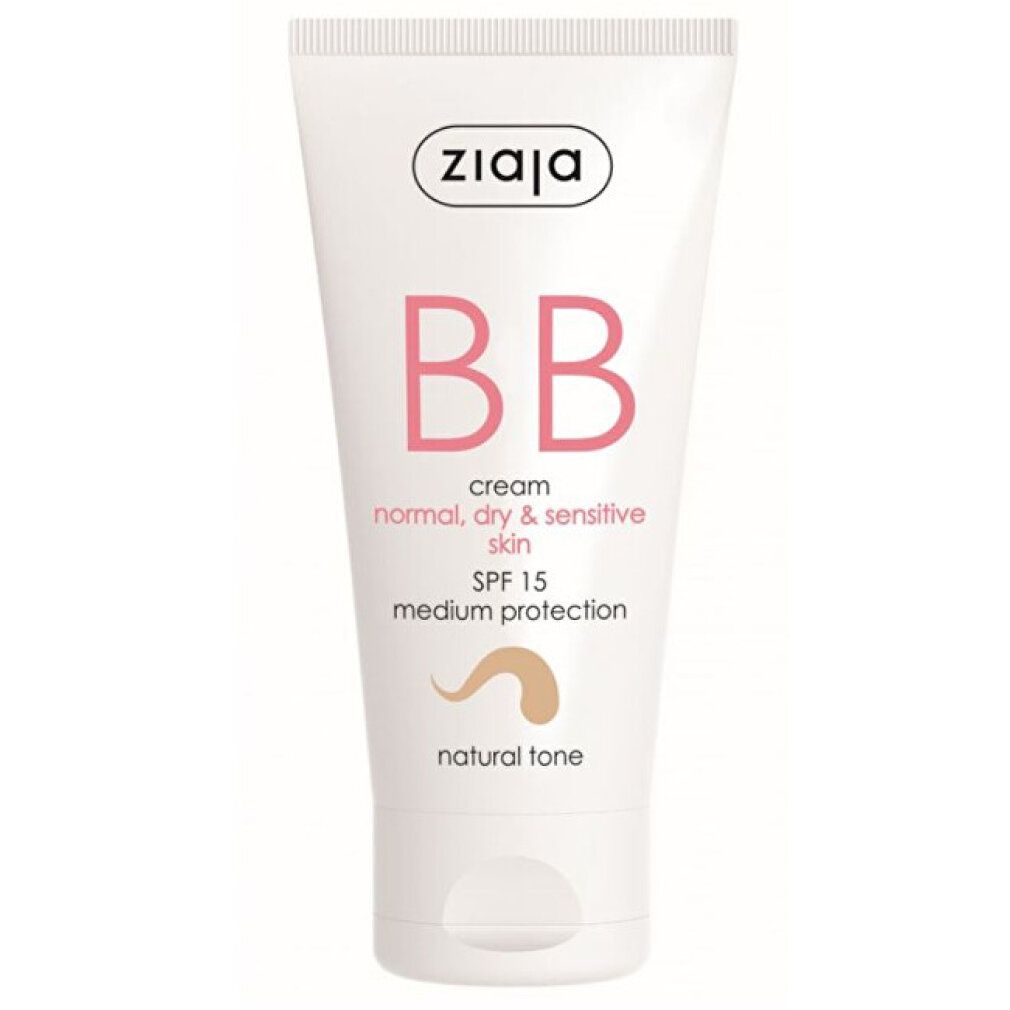 Tubo bianco Ziaja BB cream, SPF 15, per pelli normali, secche e sensibili. Scritta rosa BB e indicazione tonalità naturale.