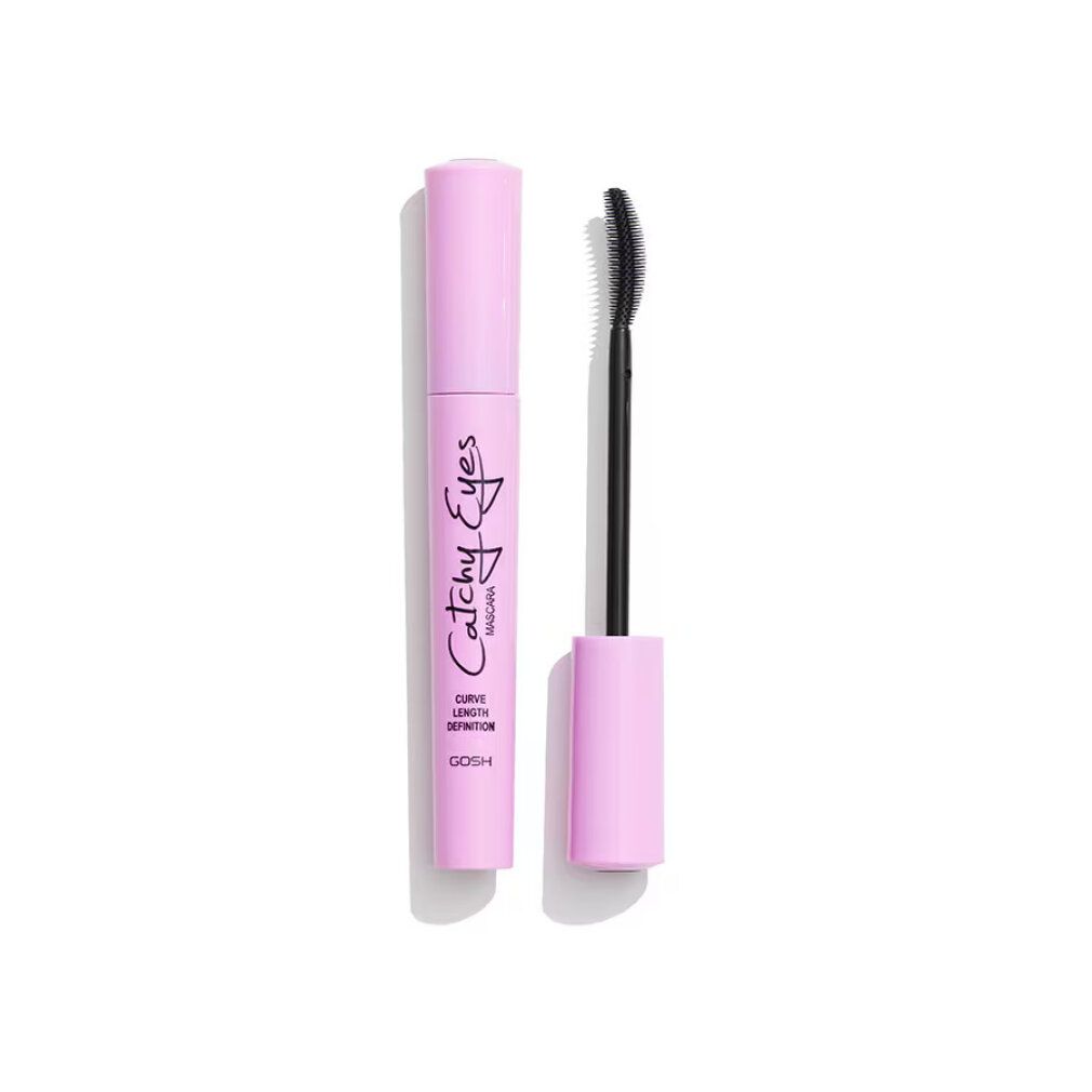 Tubo di mascara rosa e spazzola. Scritta nera: Catchy Eyes Mascara, Curve Length, Definition. Marchio: GOSH. Spazzola nera.