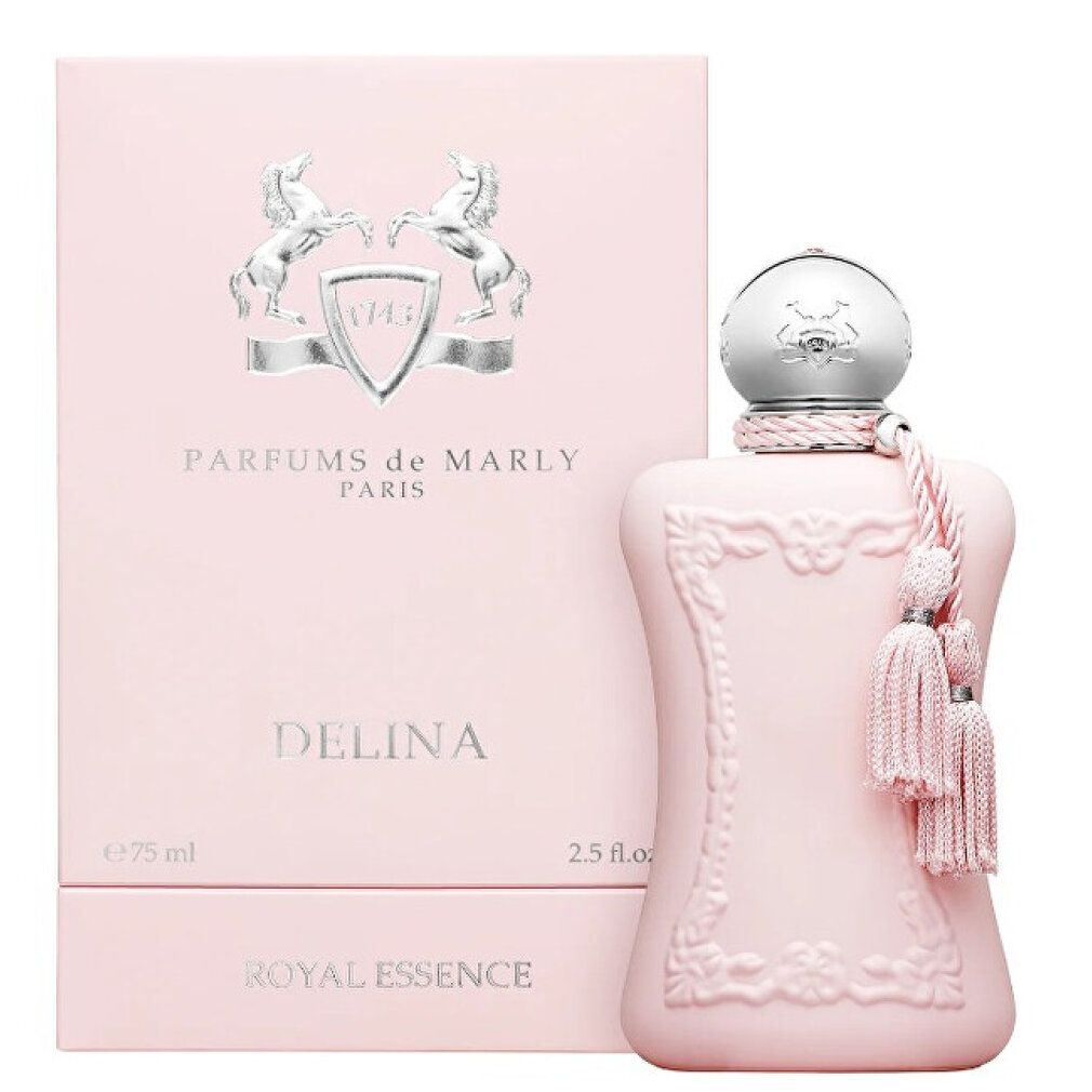 Scatola e flacone rosa. Scritta 'Parfums de Marly'. 'Delina' e logo. Flacone con nappe.