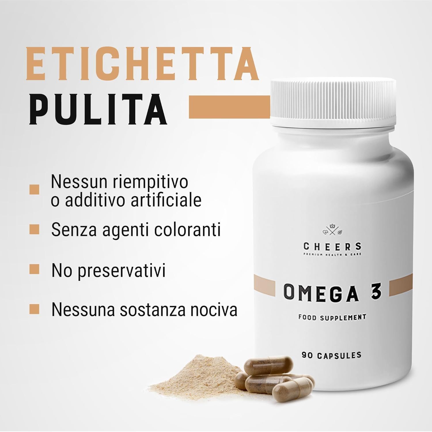 Flacone Omega 3 e capsule. Testo: Etichetta pulita. Senza riempitivi, coloranti, conservanti.