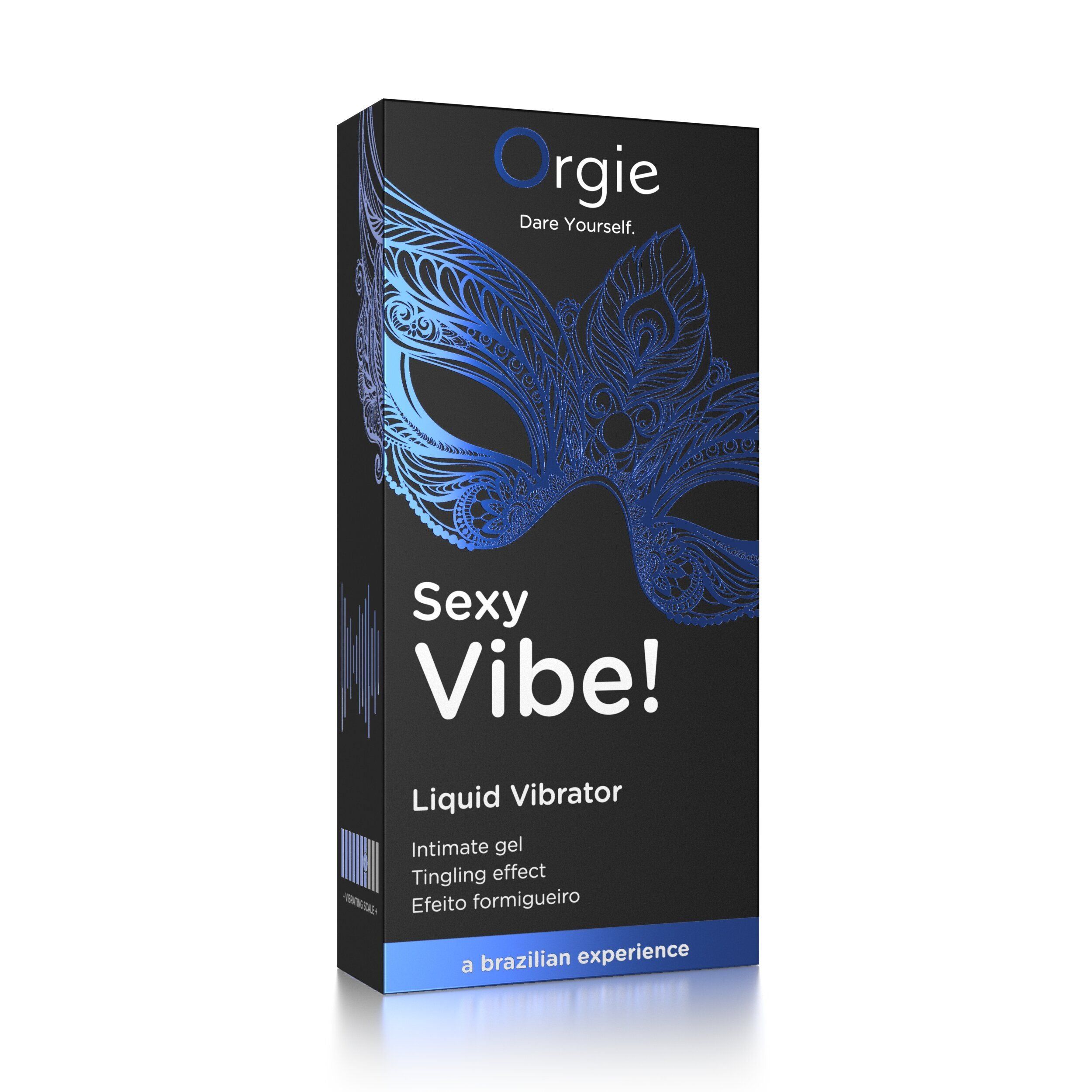 Confezione nera con motivo maschera blu. Testo: Sexy Vibe!, Liquid Vibrator. Marchio: Orgie.