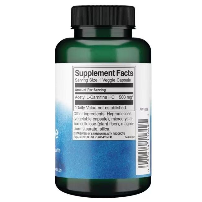Retro di un flacone verde con etichetta bianca. Contiene informazioni nutrizionali e elenco ingredienti: Acetyl L-Carnitine HCl 500 mg.