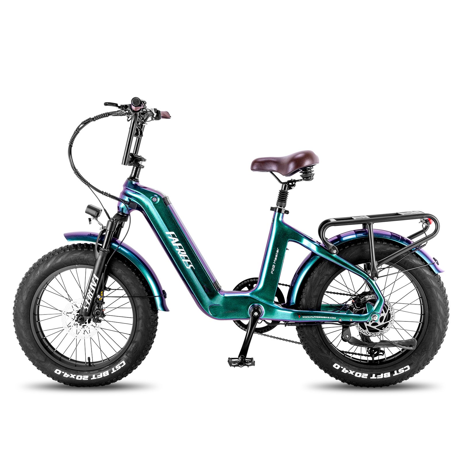 E-bike Fafrees F20 Master. Vernice verde-blu, pneumatici larghi, portapacchi, sella marrone. Logo Fafrees visibile.