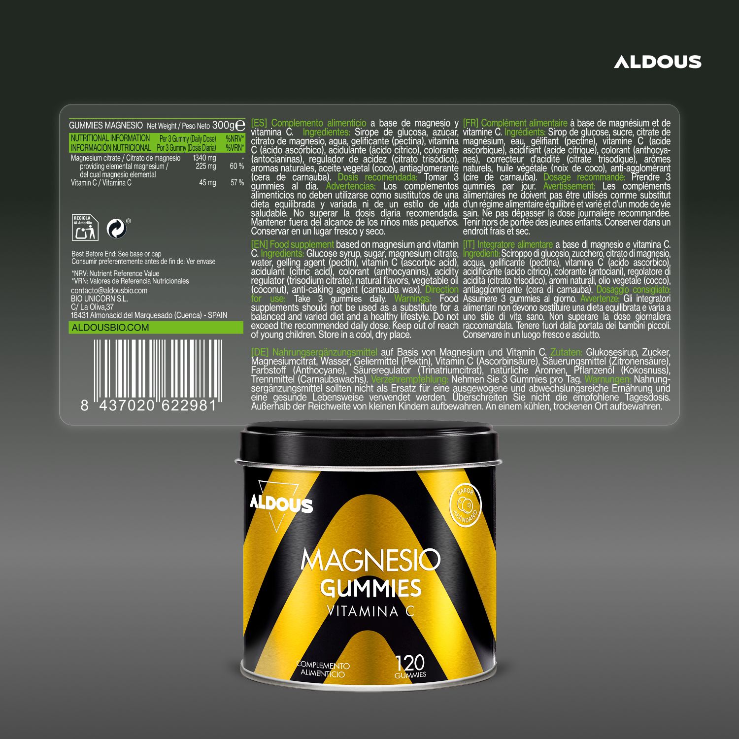 Aldous Magnesio Gummies: Informazioni nutrizionali per 100g, citrato di magnesio, Vitamina C.