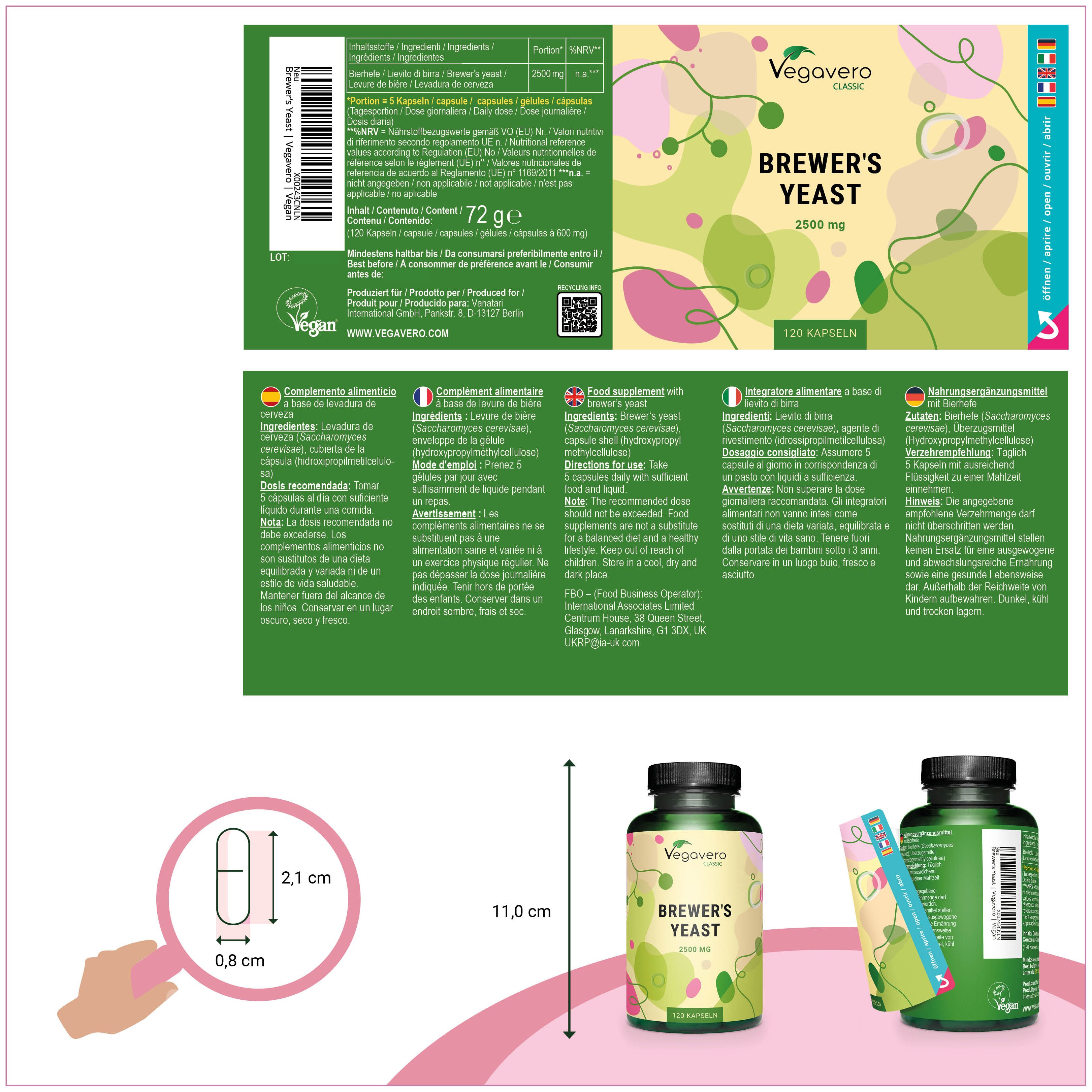 Confezione del prodotto con etichetta. Bottiglia di capsule, etichetta con informazioni. Dimensioni: 2,1 x 0,8 cm. Marchio: Vegavero.