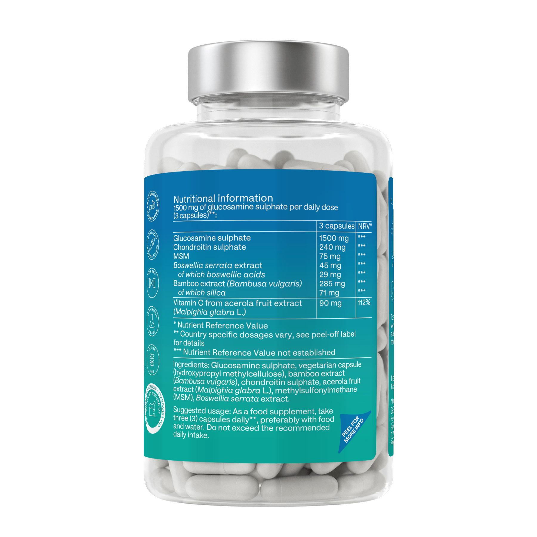 Retro di un flacone di capsule Aavalabs Glucosamina & Condroitina Complex. Contiene informazioni nutrizionali e ingredienti.