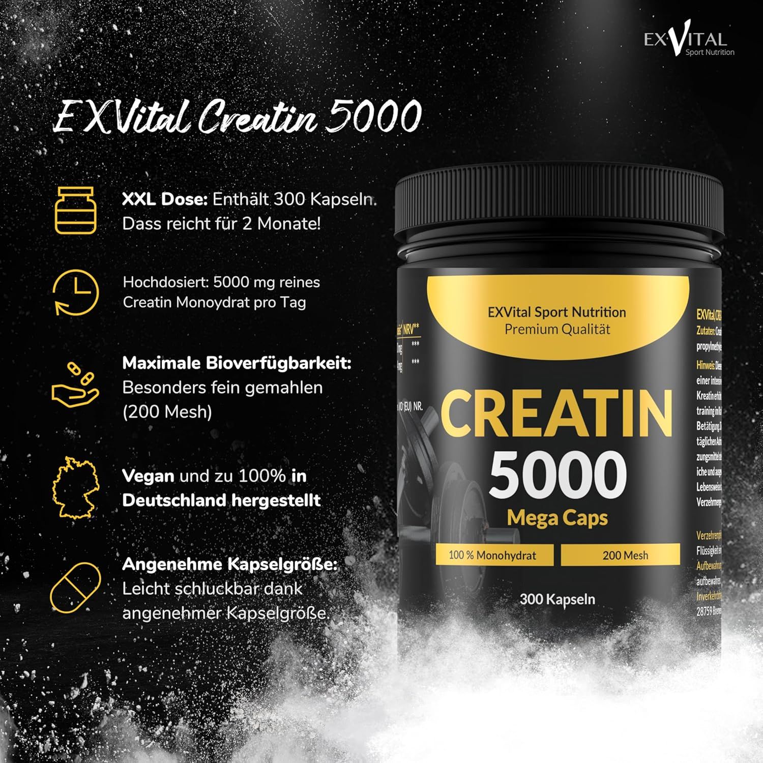 Barattolo nero con etichetta gialla. Scritta: Creatina 5000 Mega Caps. Contiene 300 capsule. Testo: 100% Monoidrato, 200 Mesh.