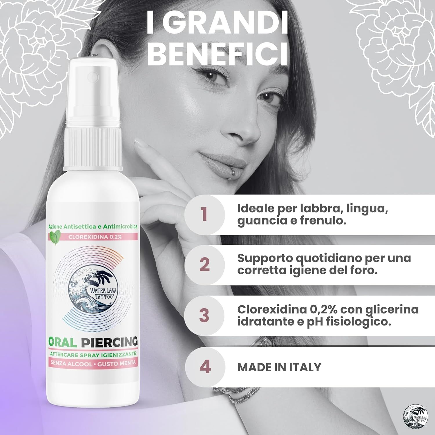 Flacone spray bianco "Oral Piercing" accanto a un viso. Testo su vantaggi e ingredienti.