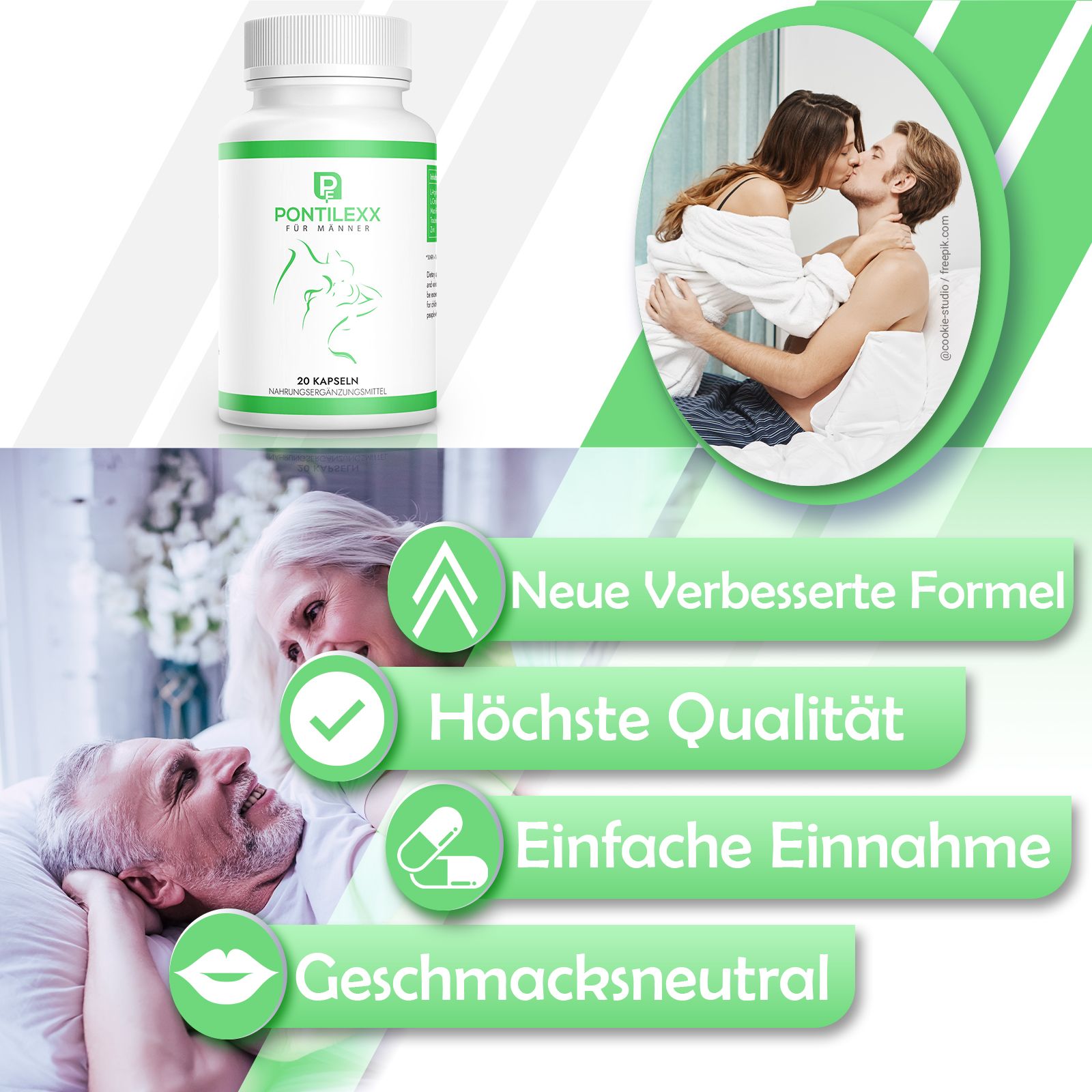 PF | Pontilexx | Integratore alimentare per uomini | 20 capsule | senza chimica. Flacone di capsule, accanto a una donna e un uomo che si baciano.