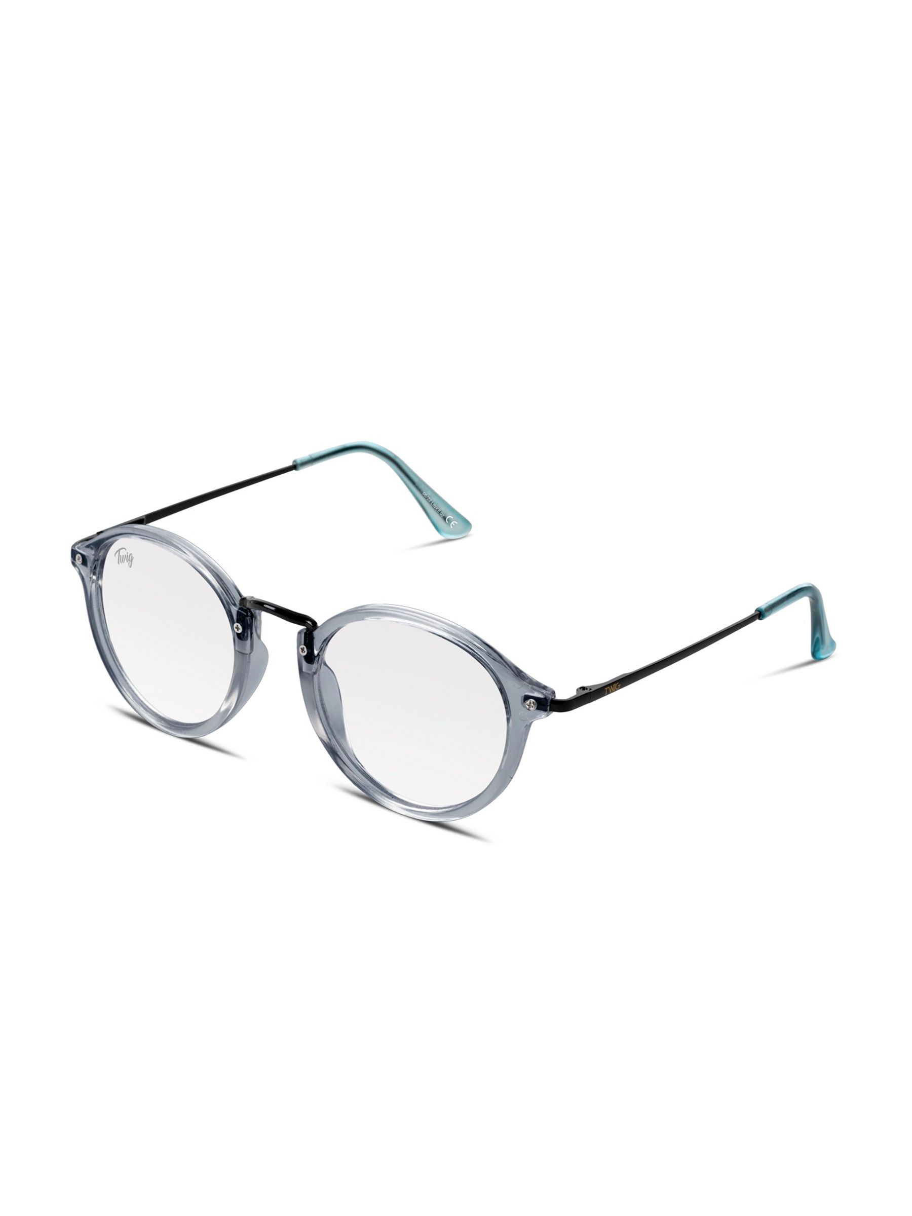 Occhiali rotondi con montatura trasparente, aste nere e terminali blu. Marchio Twig.