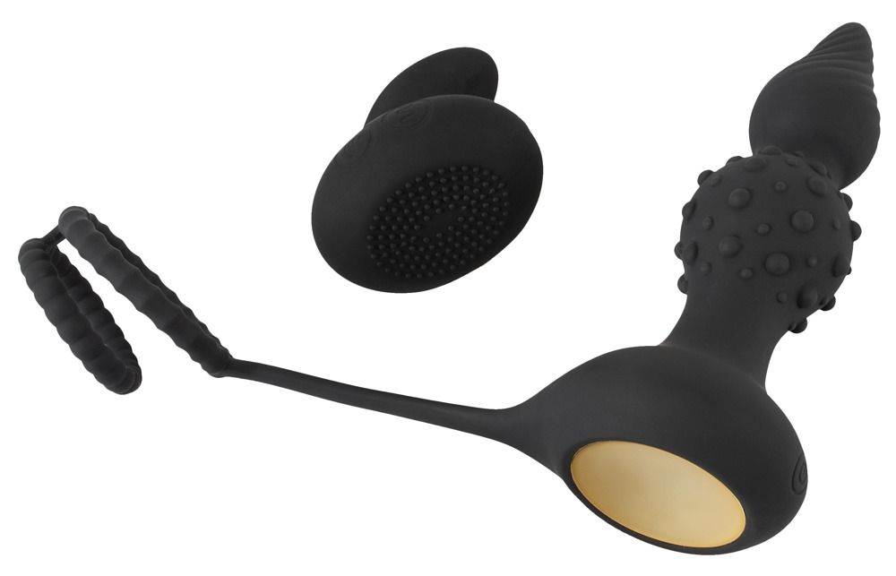 Vibratore anale nero con punta scanalata e bottoni, con due anelli.