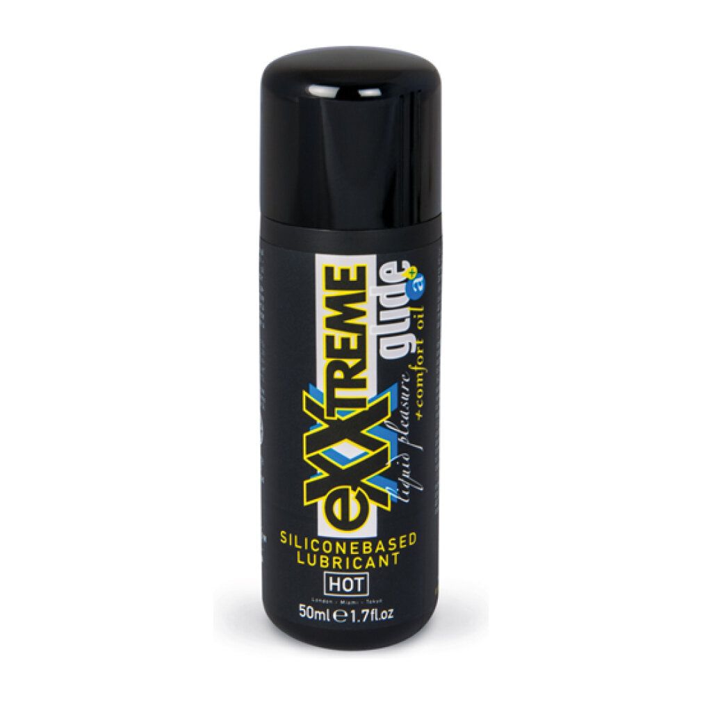 Flacone nero con tappo nero. Scritta: eXXtreme glide, SILICONEBASED LUBRICANT, HOT. 50 ml.