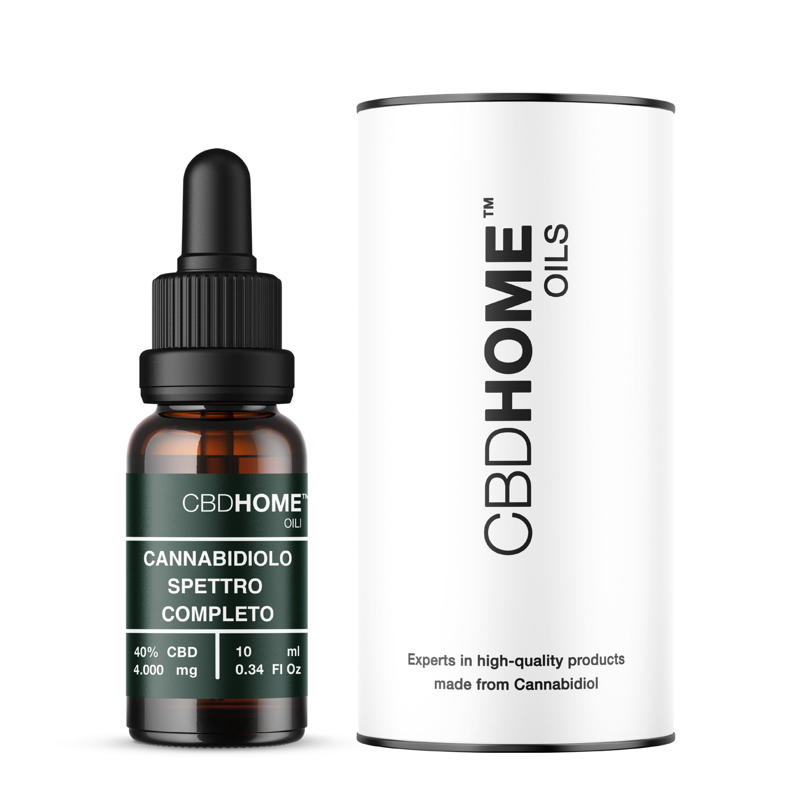 Flacone di olio CBD a spettro completo CBD HOME con contagocce e cilindro di imballaggio.