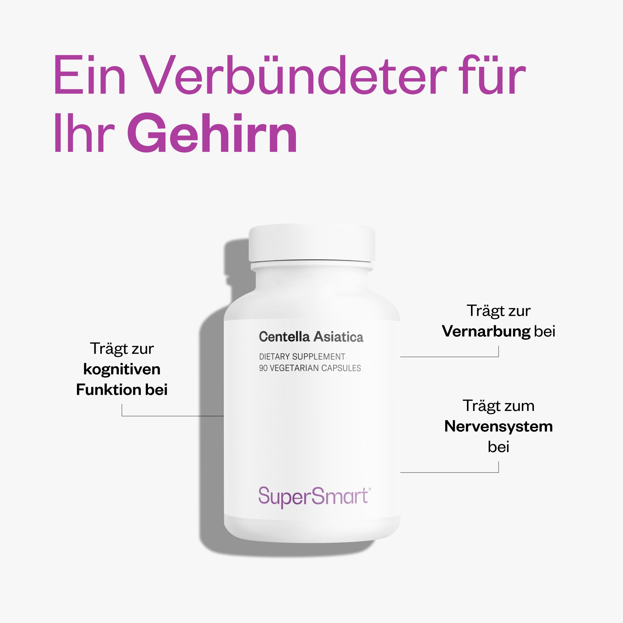 Flacone bianco di capsule Centella asiatica. Testo: Dietary Supplement, 90 capsule vegetariane. Logo SuperSmart.