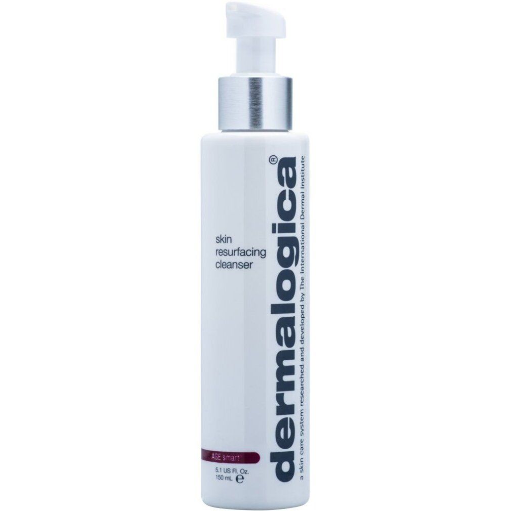 Flacone bianco con erogatore argentato. Scritta: Dermalogica, skin resurfacing cleanser, AGE smart.