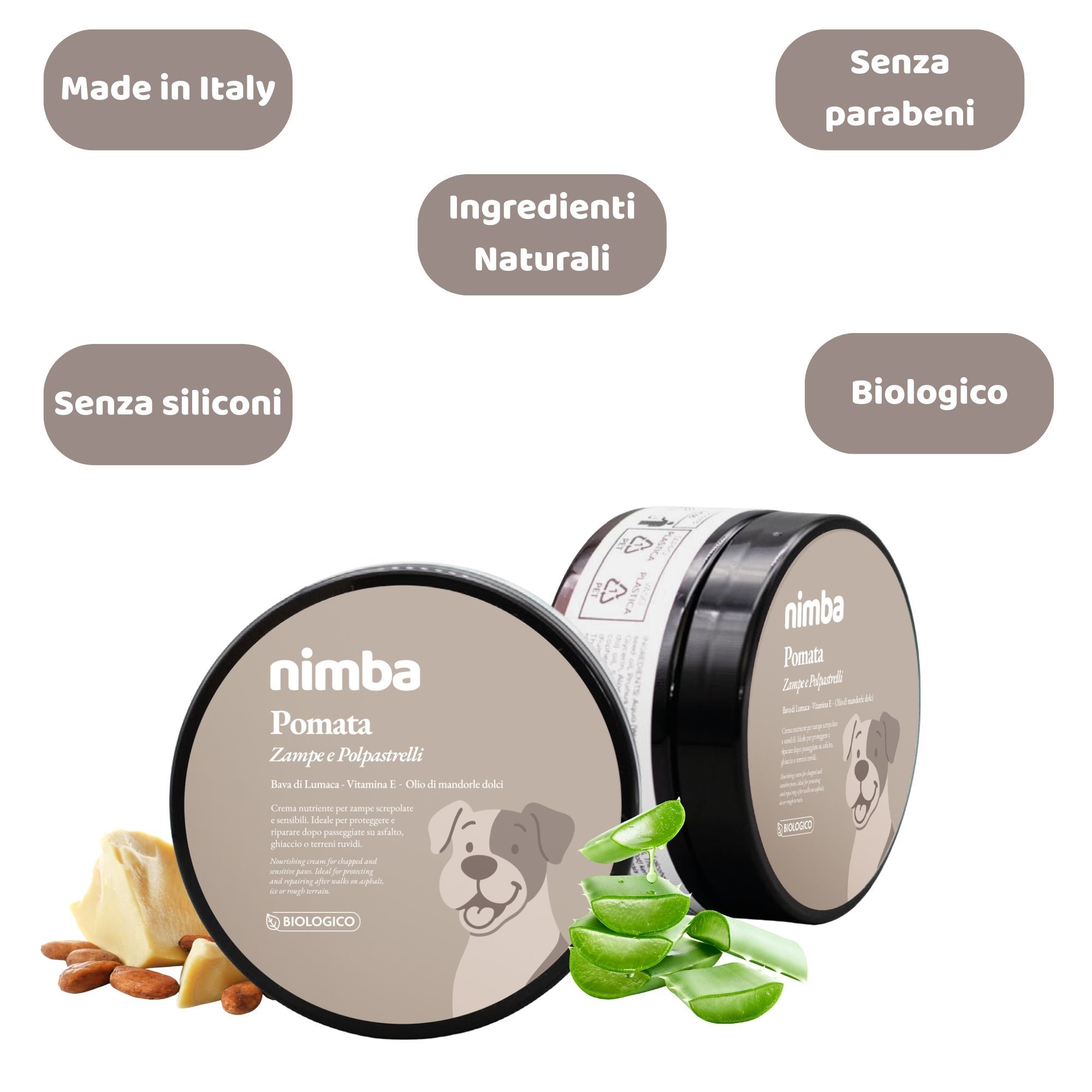 Due barattoli rotondi. Scritta: Nimba Pomata Zampe e Polpastrelli. Elementi aggiuntivi: Aloe Vera, mandorle, burro di cacao.
