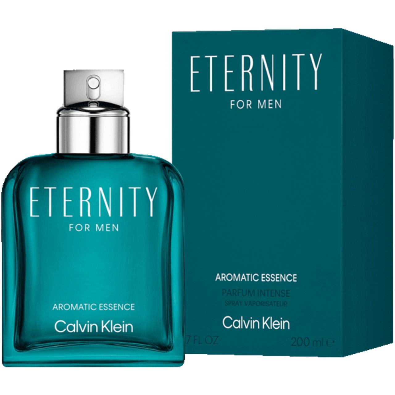 Flacone e confezione turchese. Tappo argentato. Scritta: Eternity for Men Aromatic Essence. Marchio: Calvin Klein.
