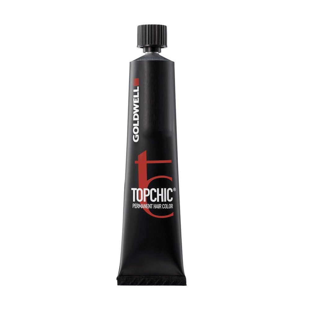 Goldwell Topchic colorazione permanente. Tubo nero con logo rosso. Testo: Permanent Hair Color.