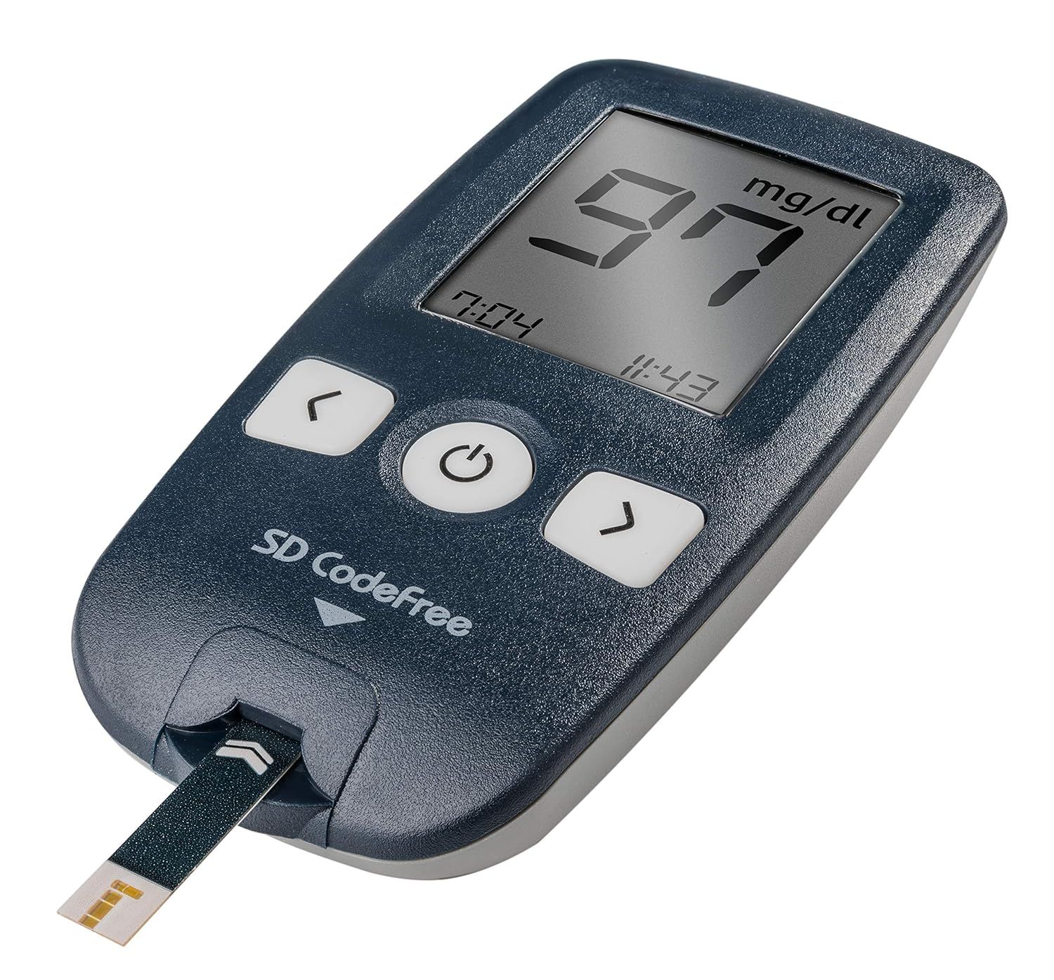 Misuratore glicemia con display. Visualizzazione: 97 mg/dL, ora. Striscia inserita. Nome prodotto: SD CodeFree.