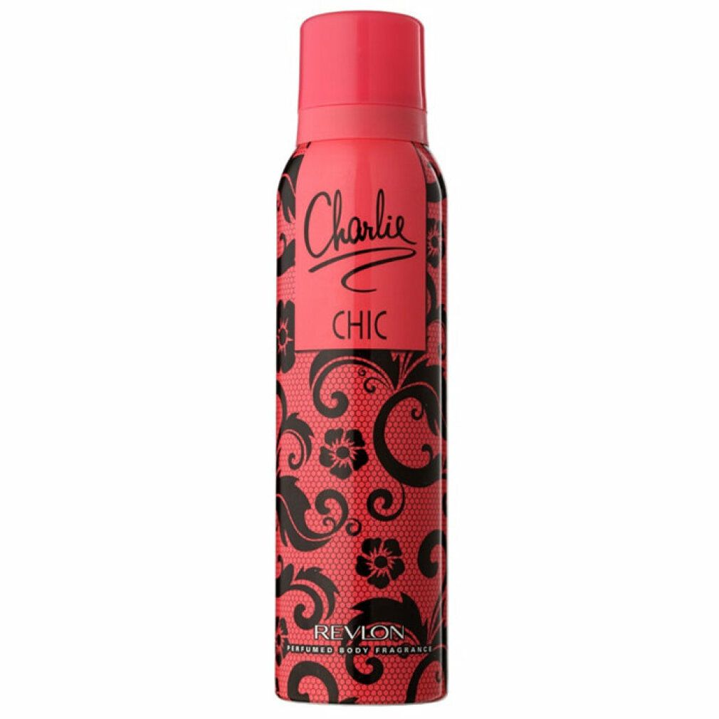 Spray per il corpo rosso con motivi floreali neri. Scritta "Charlie CHIC" e "Revlon".