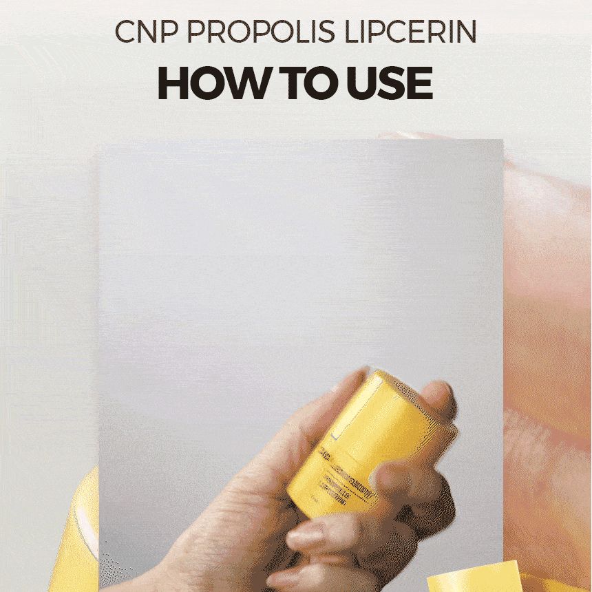 Mano che tiene un burro labbra giallo. Testo: CNP PROPOLIS LIPCERIN HOW TO USE.