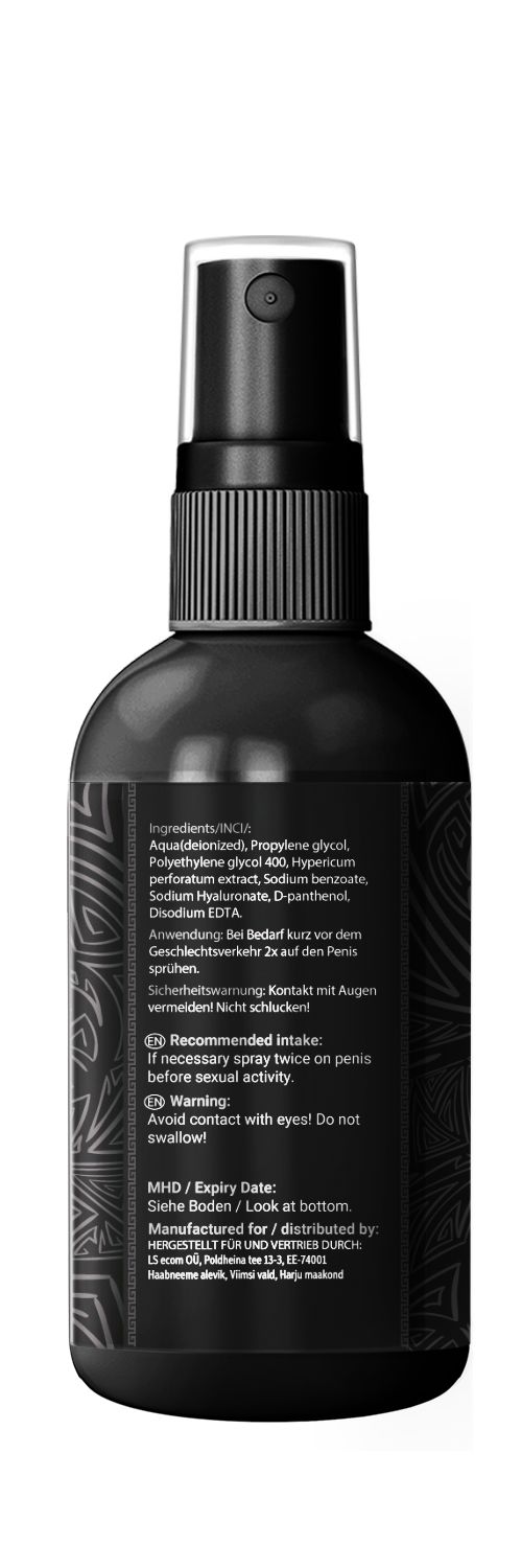 Retro di un flacone nero. Testo con ingredienti, istruzioni per l'uso e avvertenze.