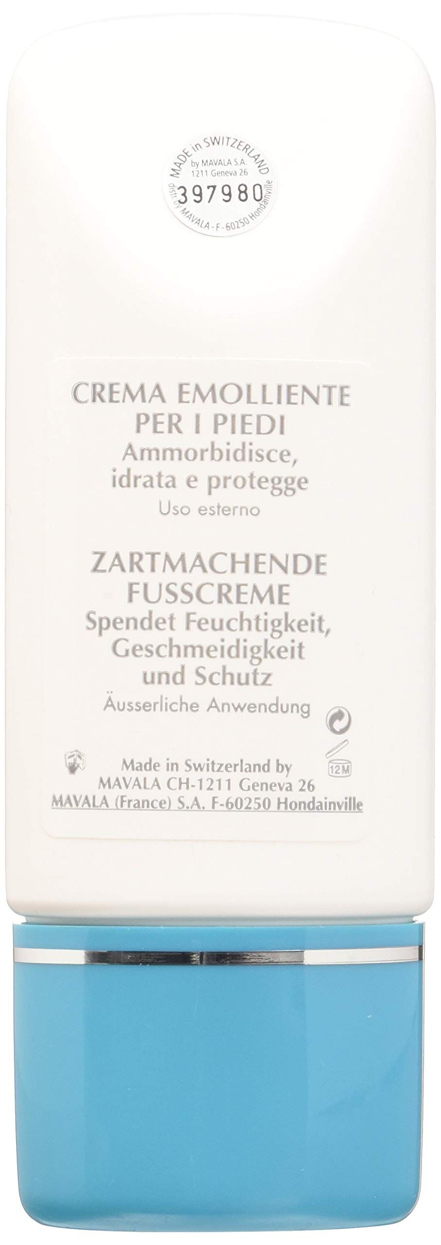 Tubo di crema per i piedi con tappo blu. Testo: Zartmachende Fußcreme, Mavala, Made in Switzerland.