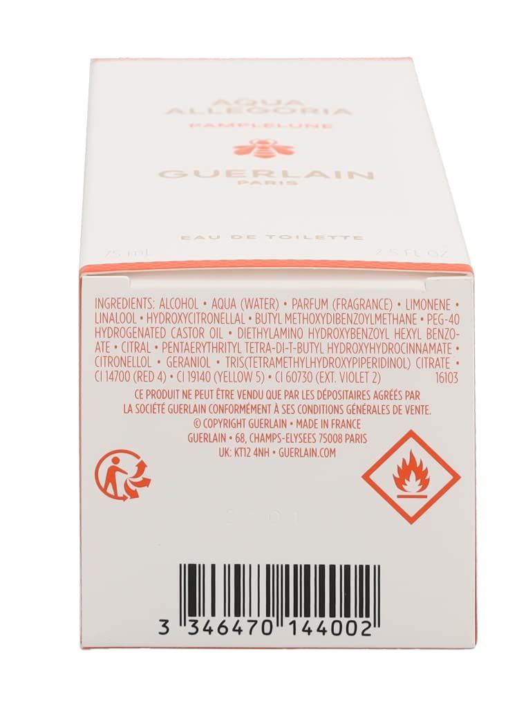 Vista laterale della scatola Guerlain Aqua Allegoria Pamplelune Eau de Toilette con ingredienti.