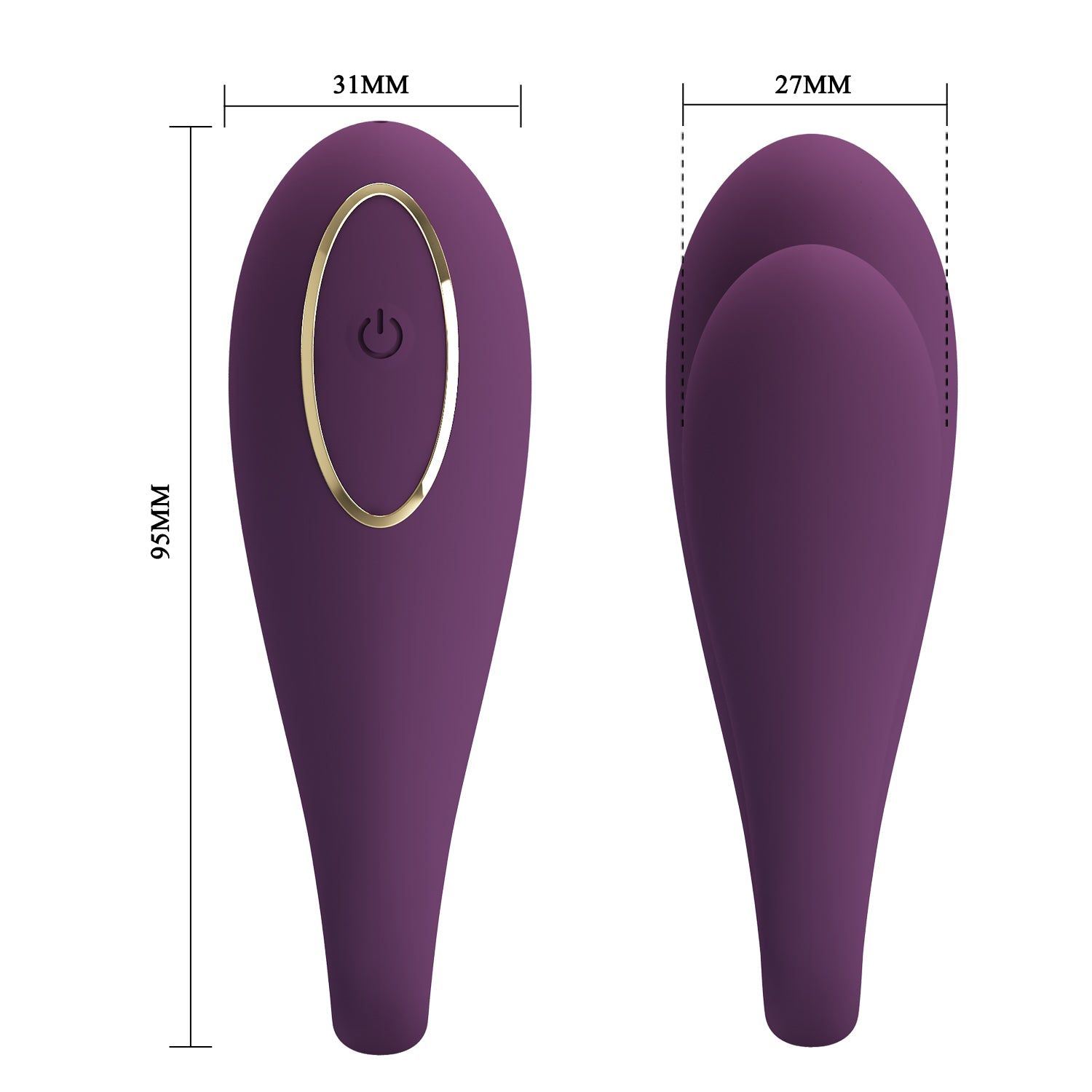 Vibratore viola, vista dall'alto e laterale. Dimensioni: 95mm x 31mm/27mm.