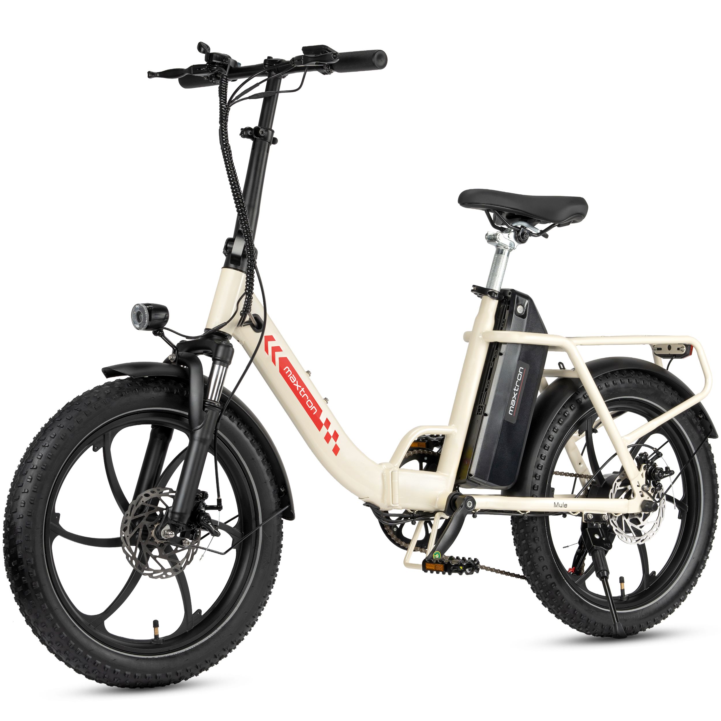 E-bike pieghevole crema, pneumatici neri, logo Maxtron. Portapacchi, batteria, faro.