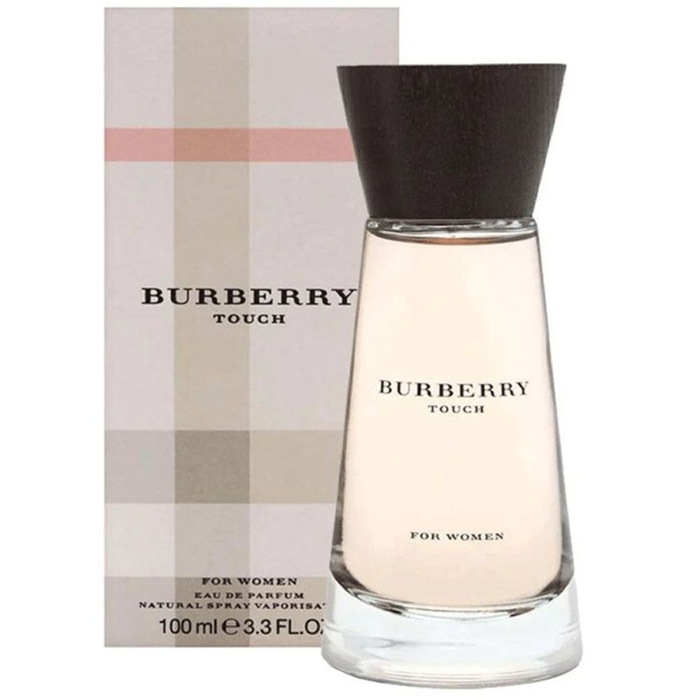 Flacone Burberry Touch per donna con tappo nero e confezione. Liquido rosa chiaro. Scritta Burberry Touch.