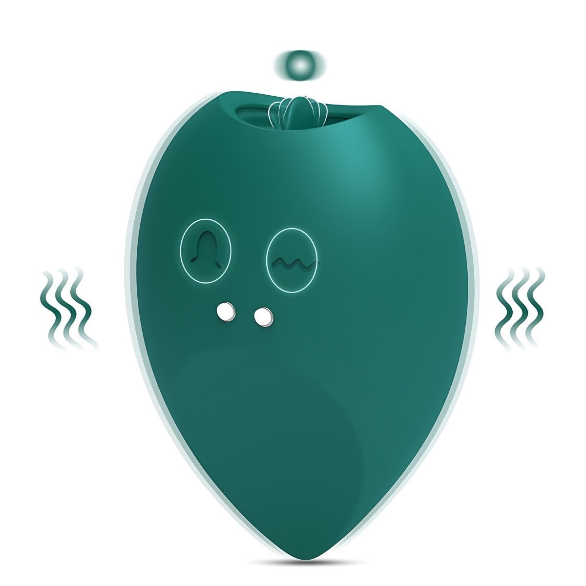 Vibratore a goccia verde. Due pulsanti e due simboli visibili. Linee ondulate indicano la vibrazione.