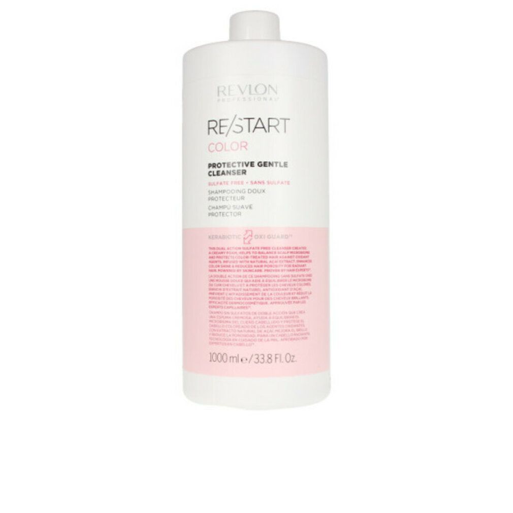 Grande flacone bianco Revlon Re-Start Color Protective Gentle Cleanser. Etichetta rosa con informazioni. 1000ml/33.8 Fl Oz.