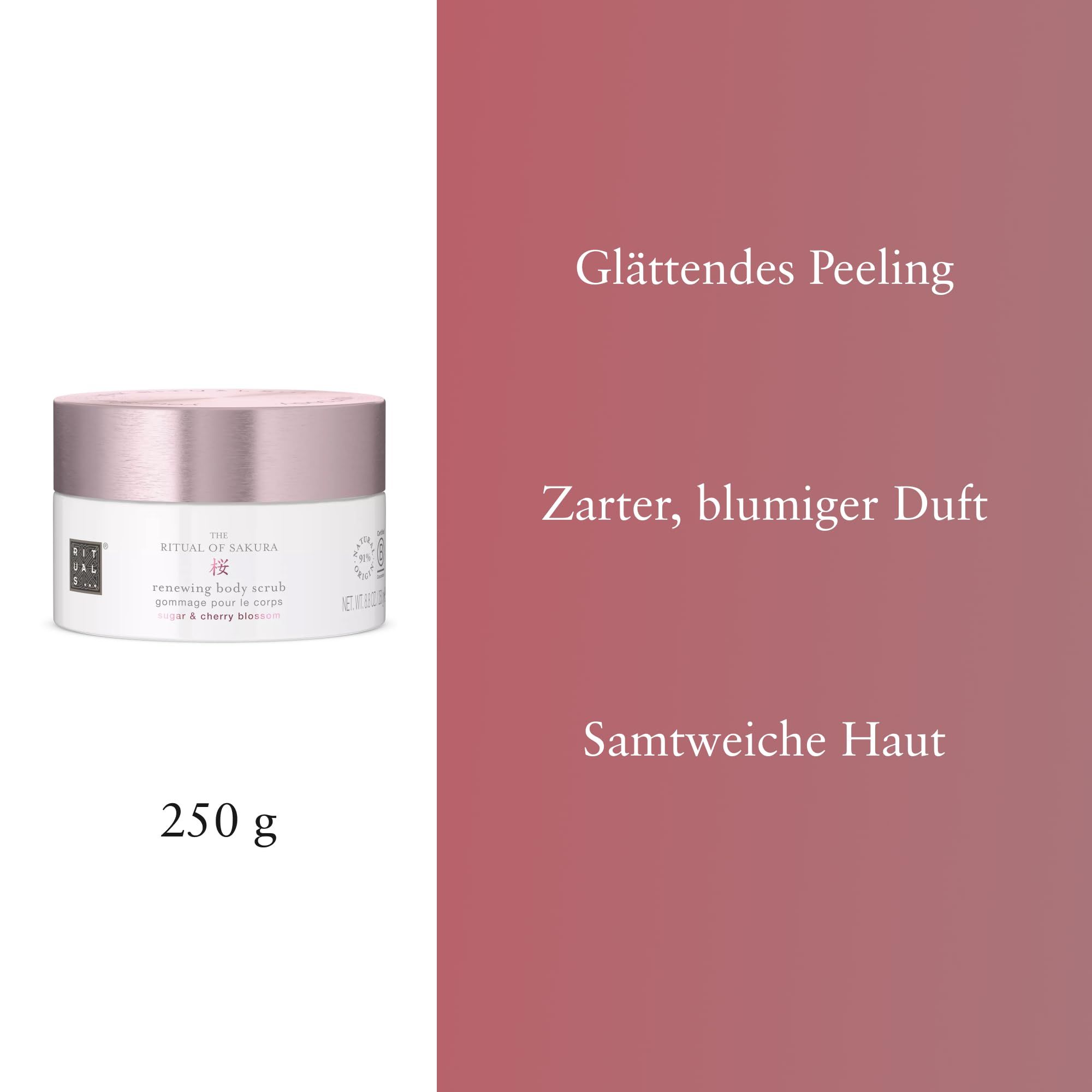 Rituals Il Rituale del Sakura Scrub Corpo 250 g. Prodotto con testo su sfondo rosa.