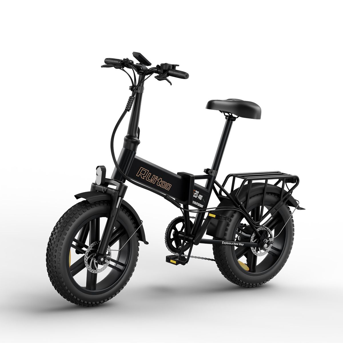 Bicicletta pieghevole nera con portapacchi. Pneumatici, sella e manubrio neri. La bici ha la scritta "Ruitoo".