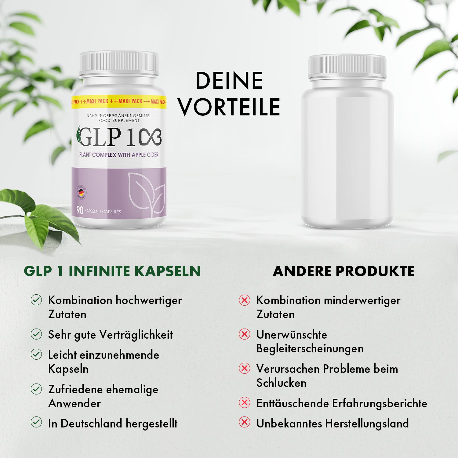 Flacone di pillole con etichetta viola. Scritta: GLP 1C3, 90 capsule. Con aceto di mele. Accanto, flacone vuoto. Testo con vantaggi.