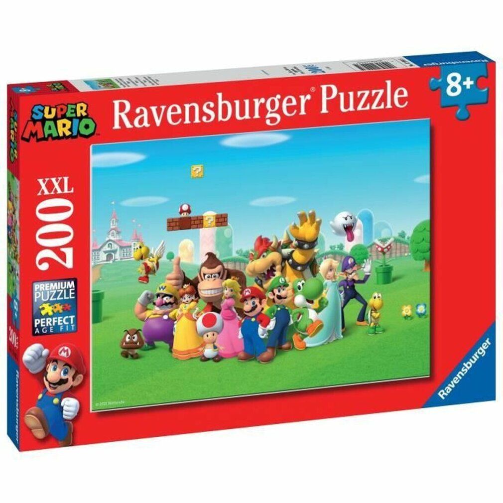 Scatola puzzle Super Mario. Scritta: Super Mario, Ravensburger Puzzle, 200 pezzi, 8+. Personaggio di Mario sulla scatola.