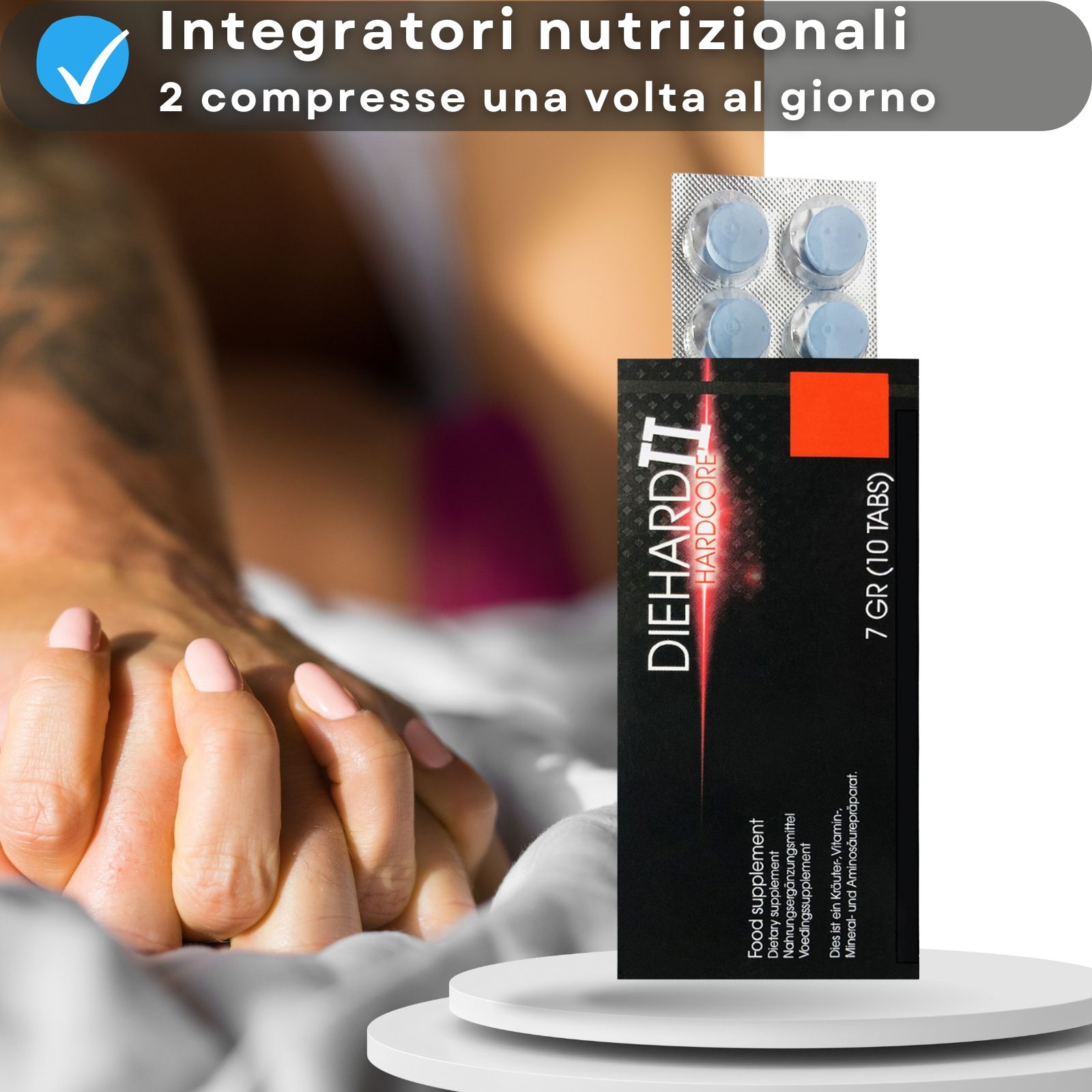Confezione del prodotto e compresse. Scritta: DIEHARD II HARDCORE, 7 GR (10 TABS). Coppia a letto.