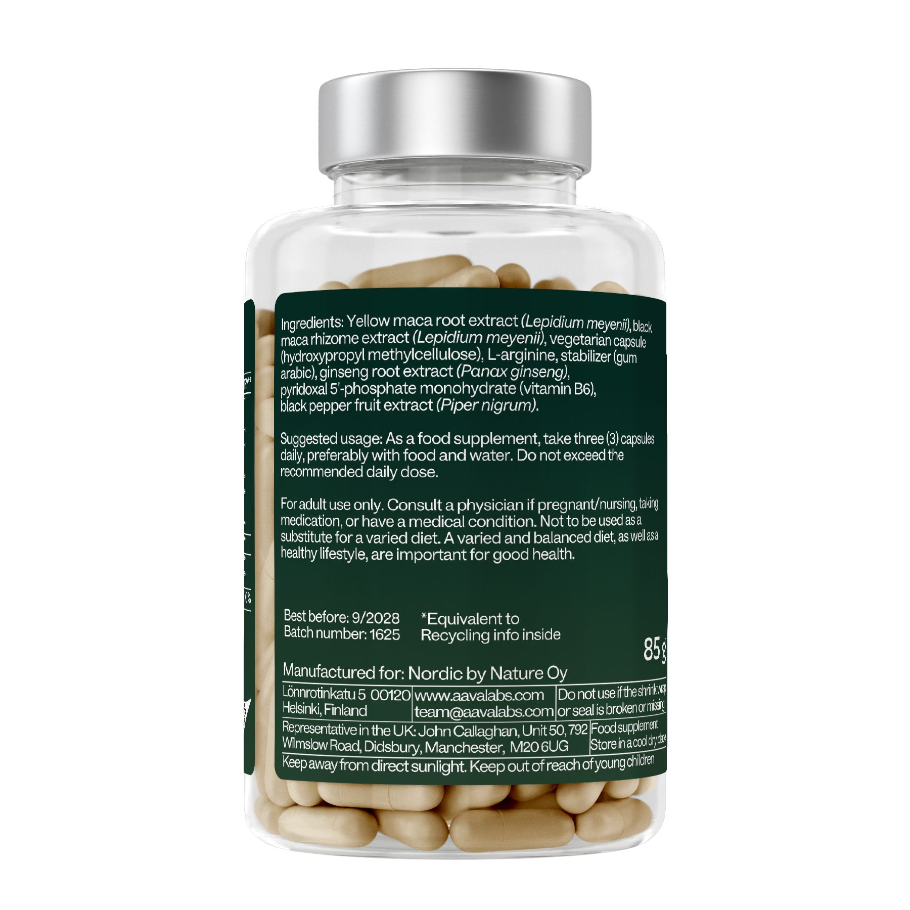 Retro del flacone di capsule. Etichetta verde con testo. Ingredienti, istruzioni per l'uso, informazioni nutrizionali.