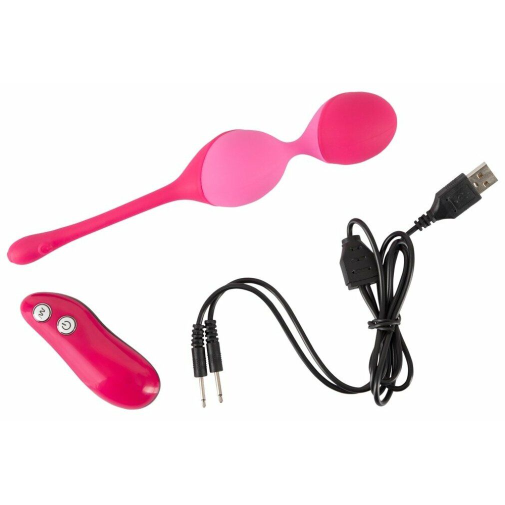 Duo di sfere vibranti rosa, telecomando, cavo USB e cavo di ricarica. Prodotto su sfondo bianco.
