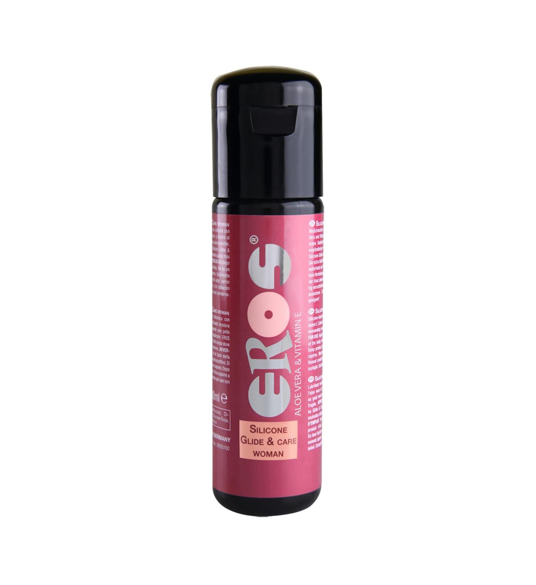 Flacone cilindrico con tappo nero. Scritte: EROS, Silicone Glide & Care, Woman. Contiene Aloe Vera & Vitamina E.