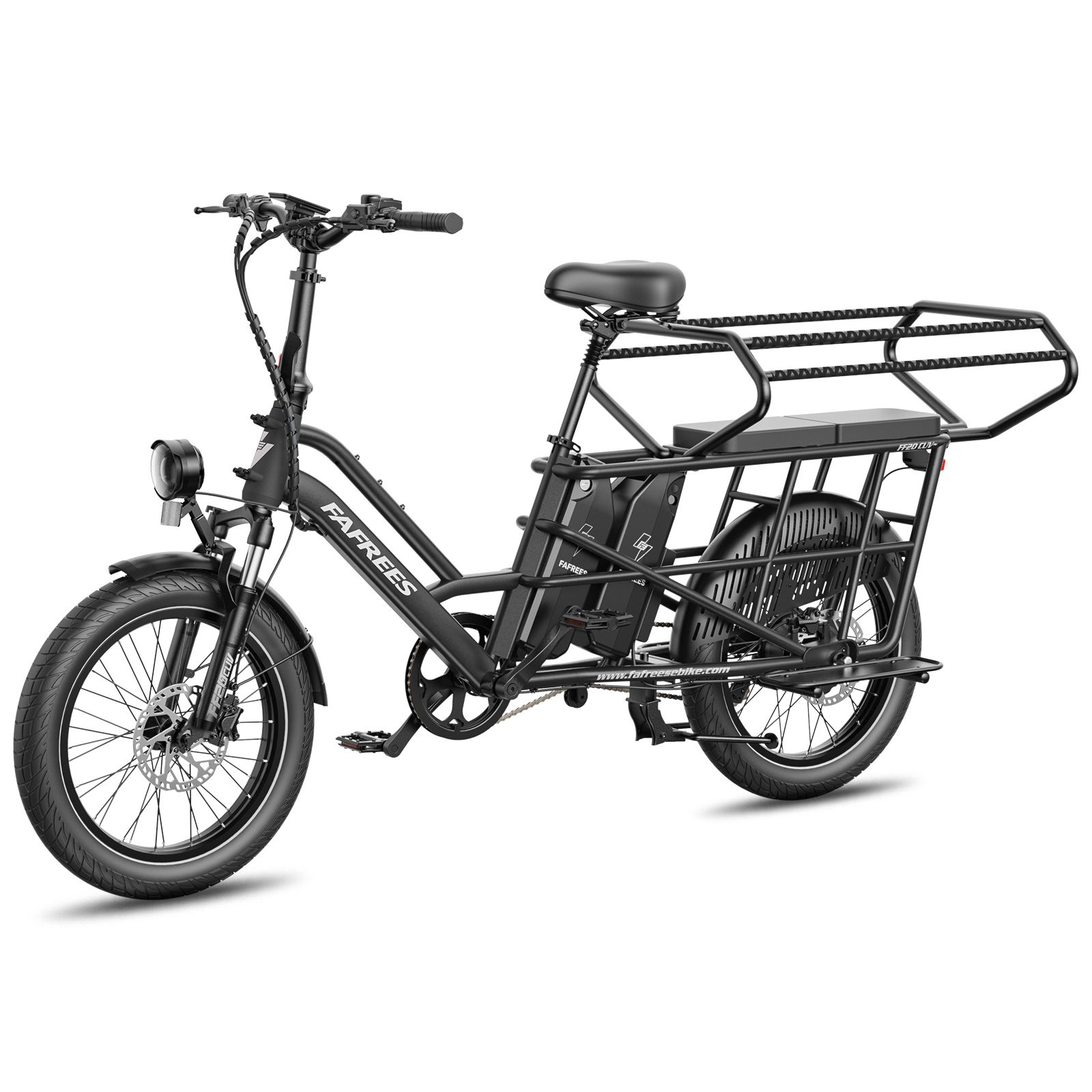Bicicletta elettrica Fafrees FF20 CUV nera con due batterie e ampio portapacchi posteriore.