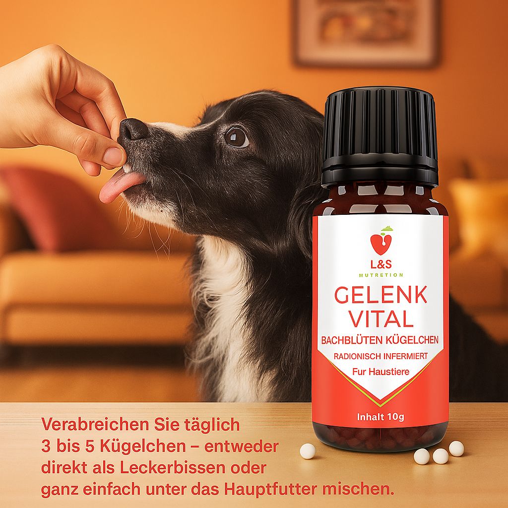 Flacone Gelenk Vital accanto a un cane che prende un bocconcino da una mano. Piccole perle sono visibili.