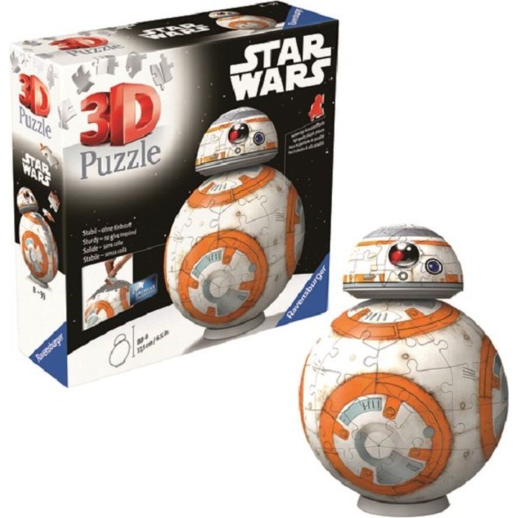 Confezione e puzzle 3D BB-8 assemblato. Scatola con nome prodotto, pezzi e immagine BB-8. Puzzle BB-8 accanto.