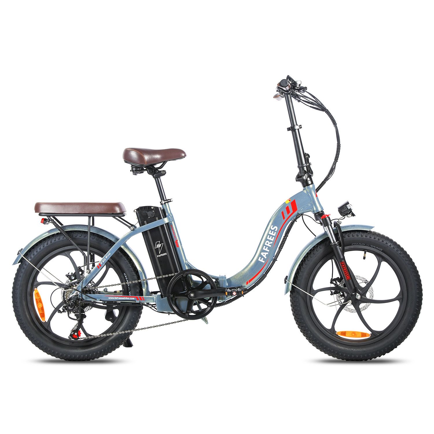 E-bike Fafrees F20 Pro, blu, sella marrone, pneumatici neri. Freni a disco, portapacchi, batteria.