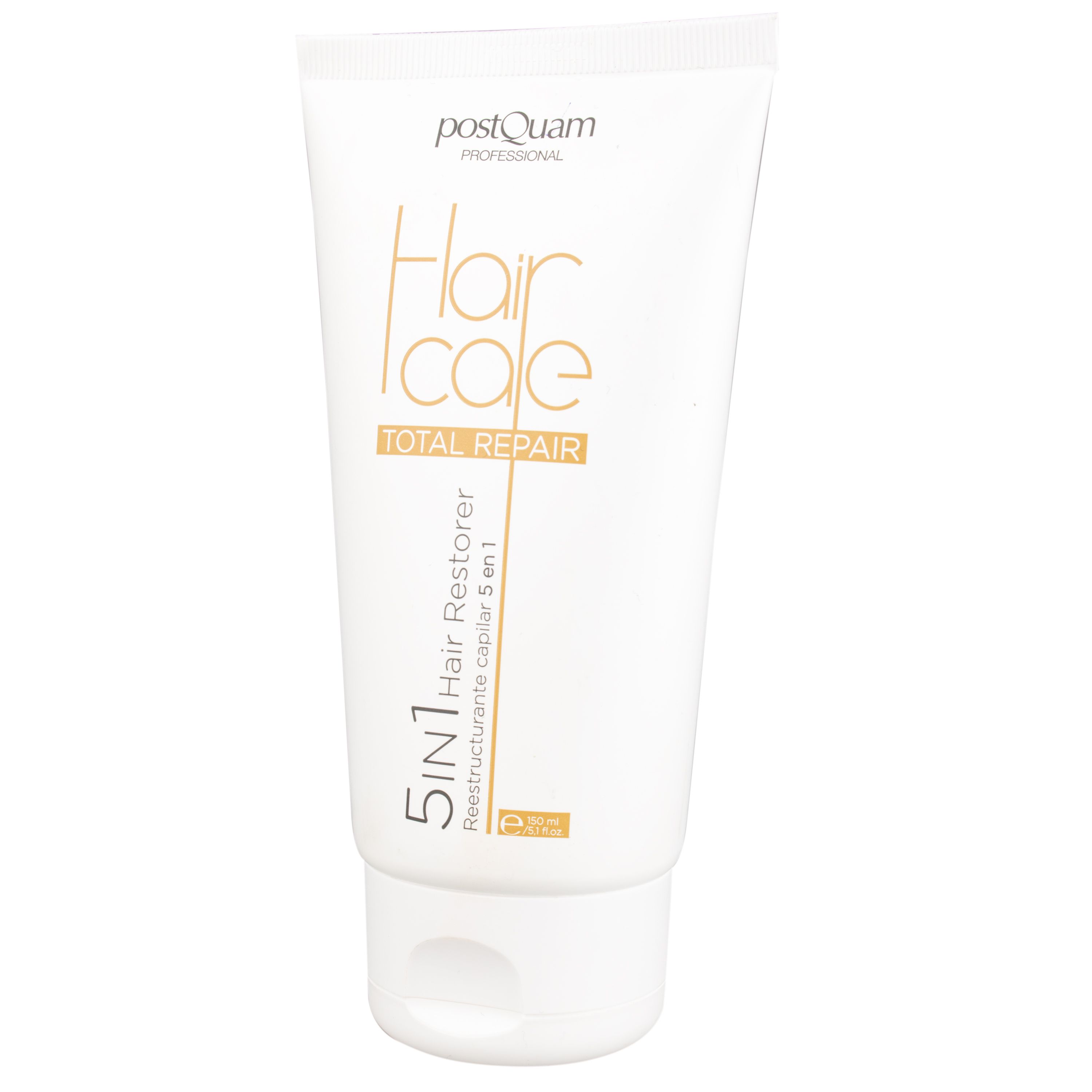 Tubo bianco con stampa dorata. Testo: Hair Care Total Repair, 5 in 1 Hair Restorer. Marchio: Postquam.