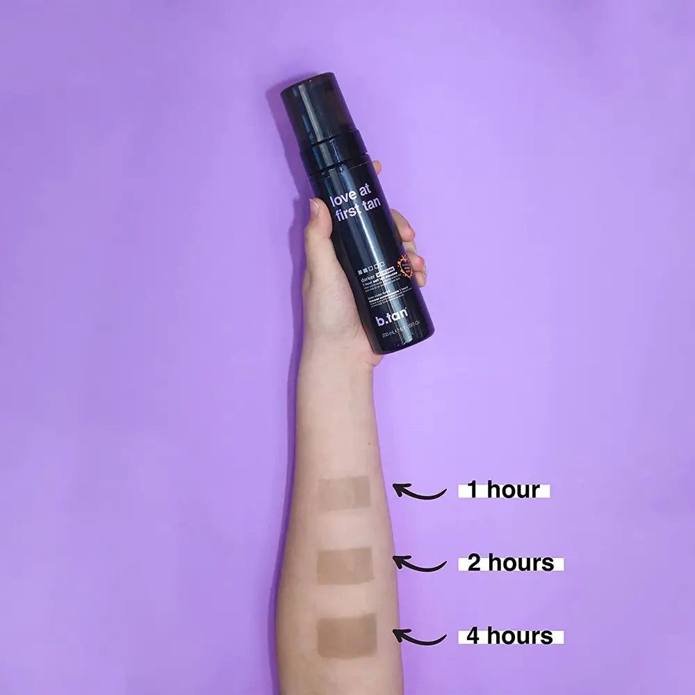 Braccio con mousse autoabbronzante ed esempi di colore. Testo: 1 ora, 2 ore, 4 ore. Prodotto: Love at first tan, b.tan.